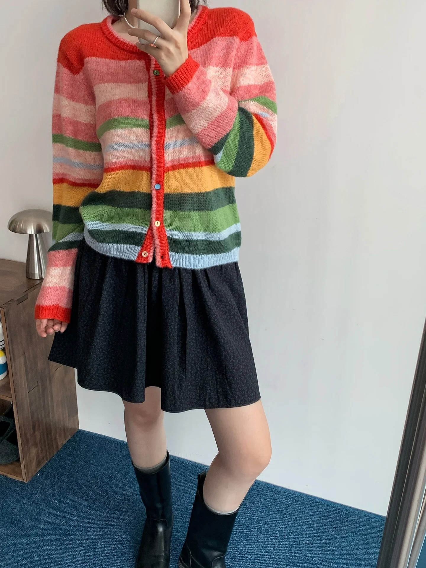 

Loose Women's Rainbow Stripes Woolen Knitted Cardigan Korean Sle Long Sve round Ne Warm Outerwear Spring Autumn Season