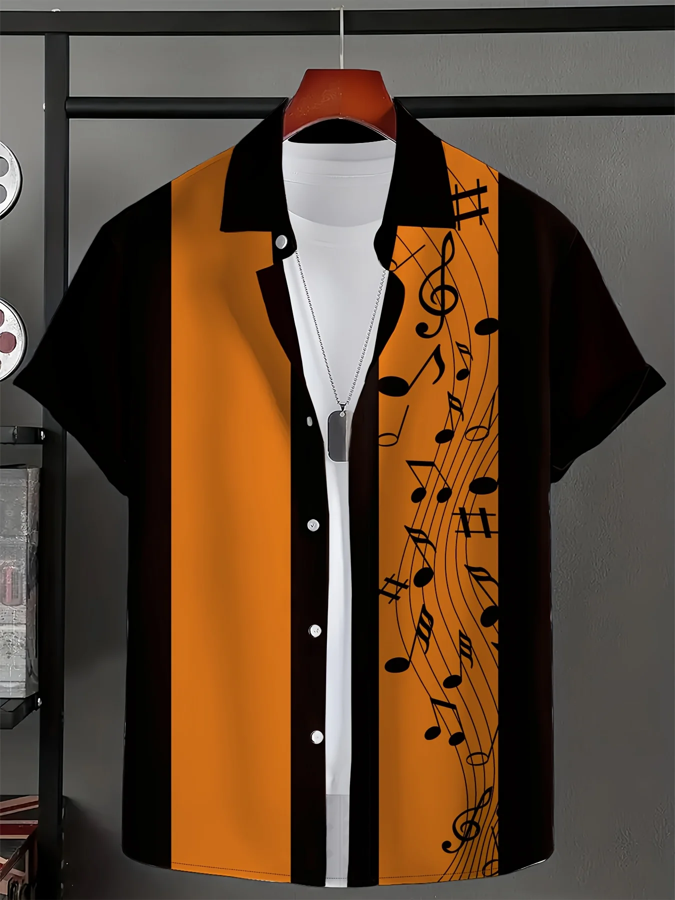 Men's shirt - Artistic style black and white contrast short-sleeved shirt with side musical note print and retro collar design.
