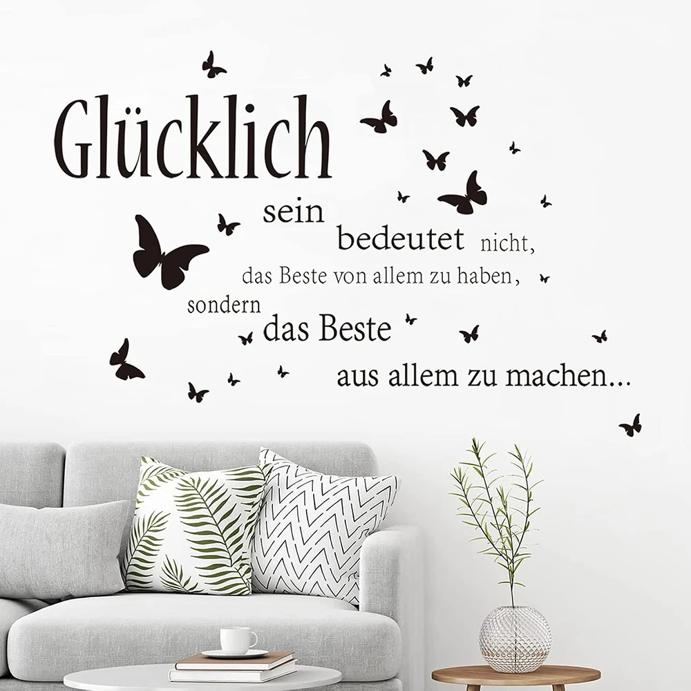 German Be Happy Butterfly Wall Sticker Bedroom Inspirational Motivational Quote Wall Decal Living Room Home Decor