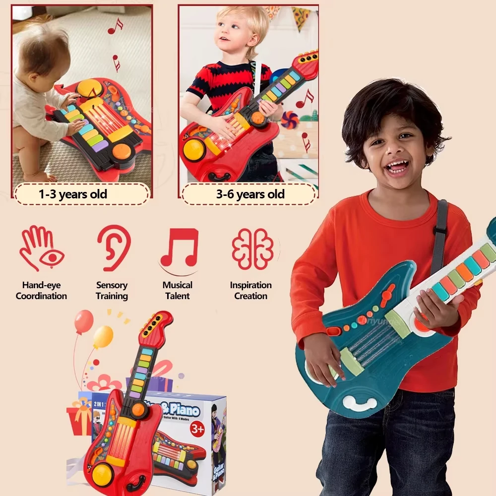 2-in-1 Kids Guitar & Piano Toy – Foldable Electronic Musical Instrument for Toddlers Boys & Girls, Educational Birthday Gift