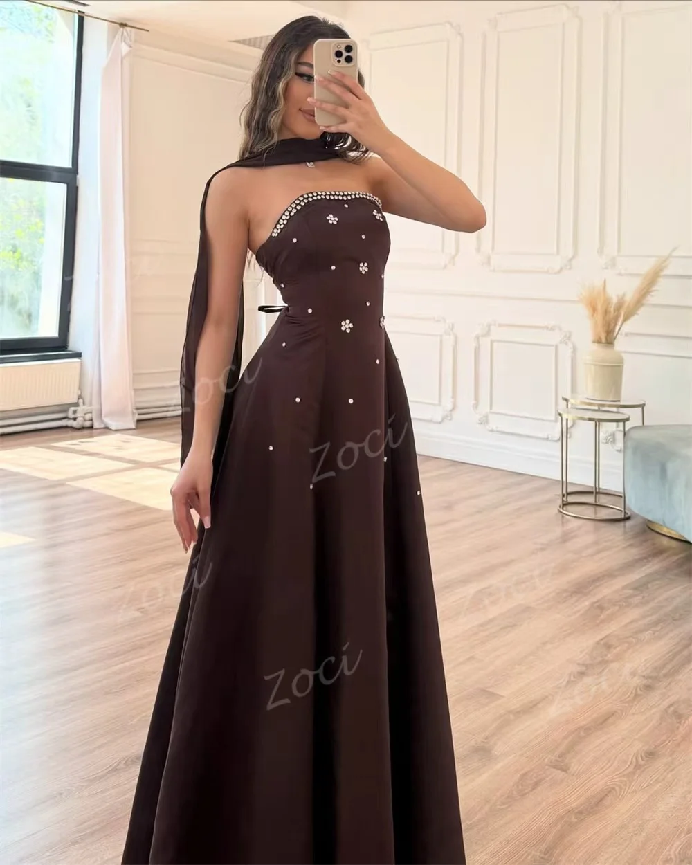 Zoci Saudi Arabia A Line Prom Dresses Satin Beaded Gown Backless Vestidos De Fiesta Formal Evening Party Dress Customizd