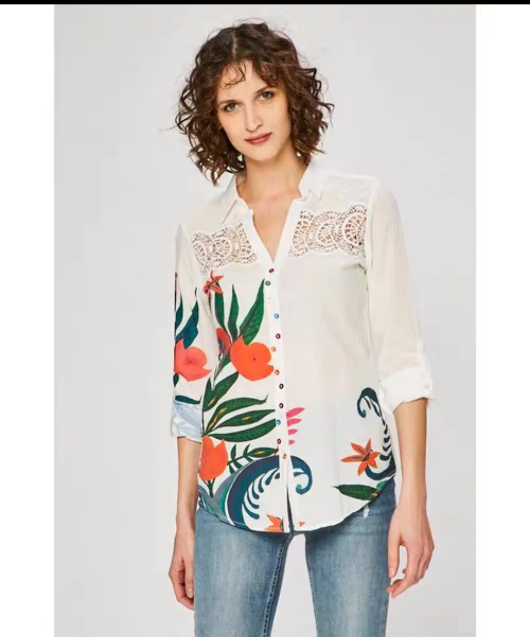 Foreign trade original single Spanish print stitching contrast color long-sleeved ladies shirt