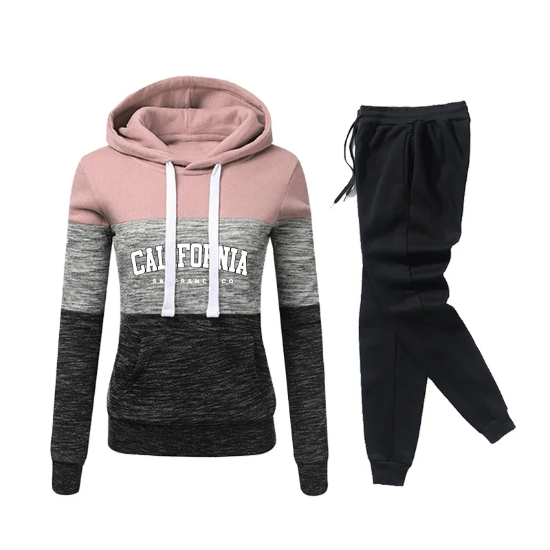 Women's Tracksuit Printed Casual Color Block Hooded Sweatshirts Outdoors Sports Jogging Clothing Autumn Winter Single Tops Pants