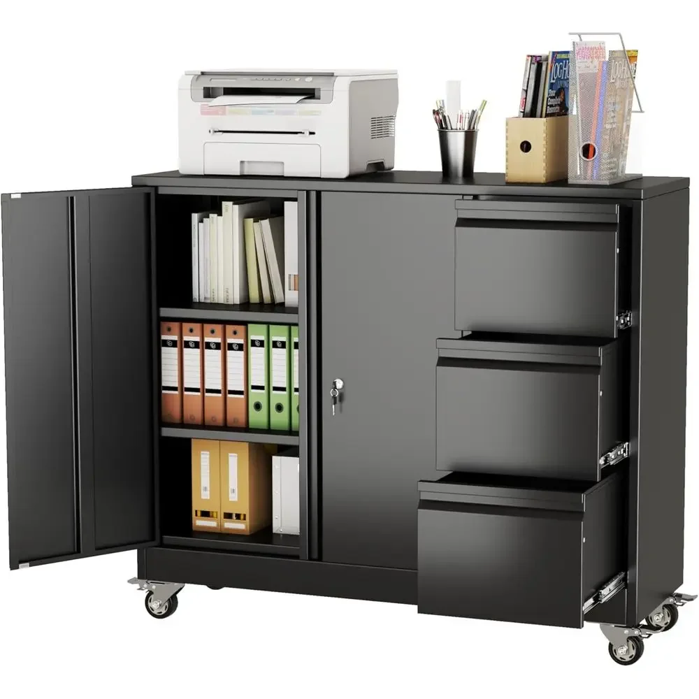 Lockable Rolling Lateral Filing Cabinet, Gooseneck Edge, Letter/A4/Legal, Home Office Storage, Black
