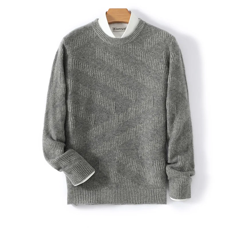 

100% Pure Wool Sweater Men's Pullover Thickened Round Neck Youth Trendy Sweater Light Luxury High-end Color Block Base Shirt