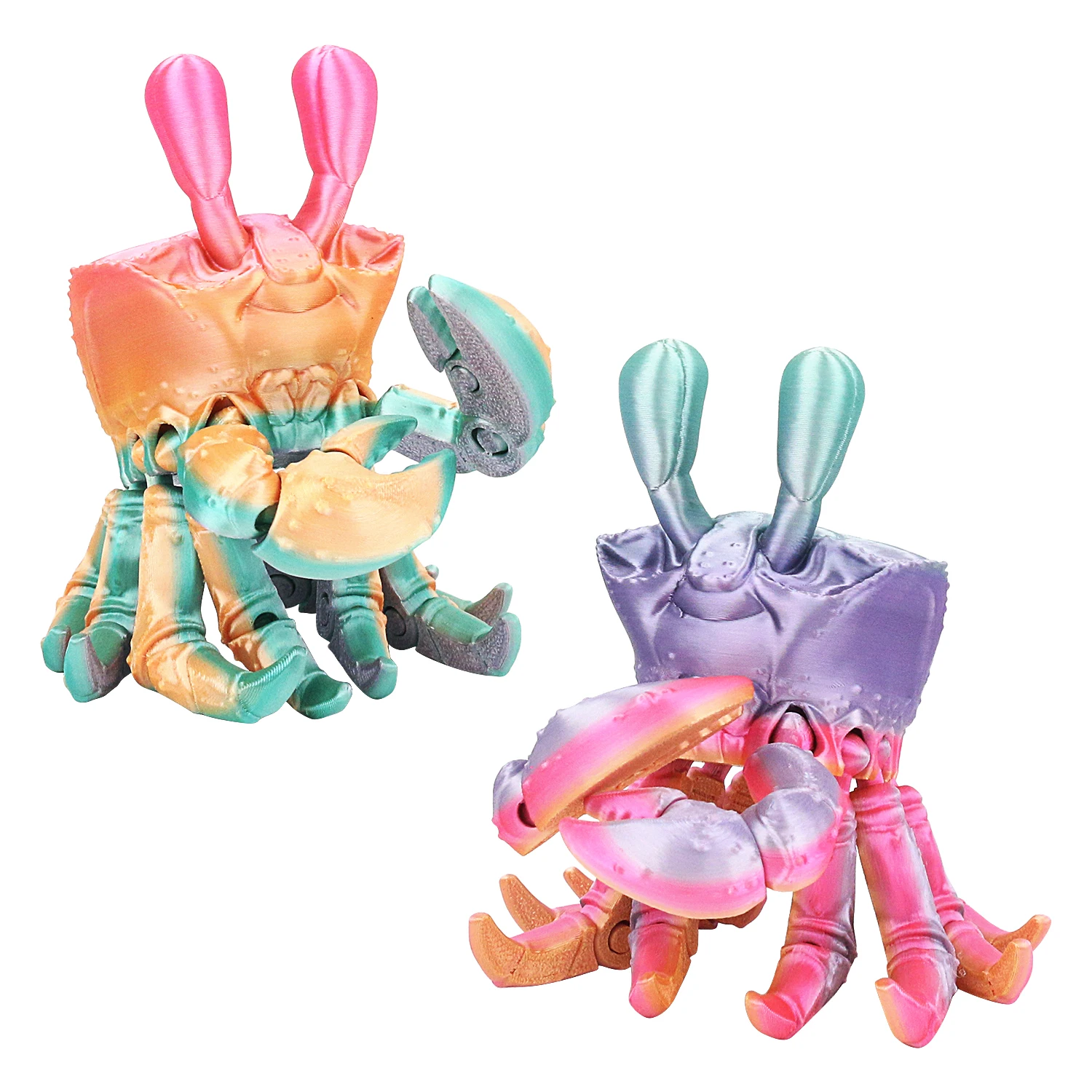 3D printed crabs, simulated marine life models, candy gradient consumables, random colors