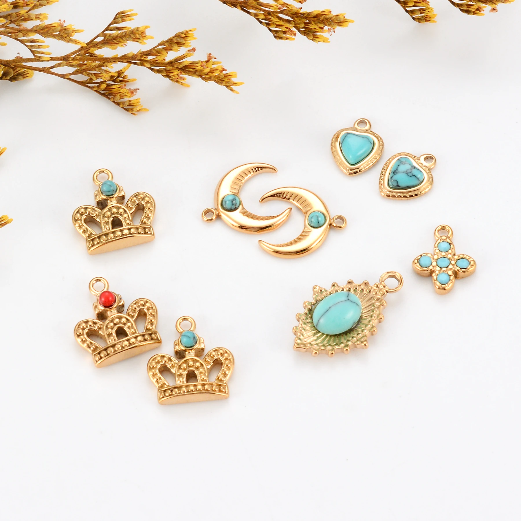 10pcs Stainless Steel Bohemian PVD Gold Plated Pendant Crown/Heart/Moon Jewelry for Making Earring Necklace Accessory Wholesale