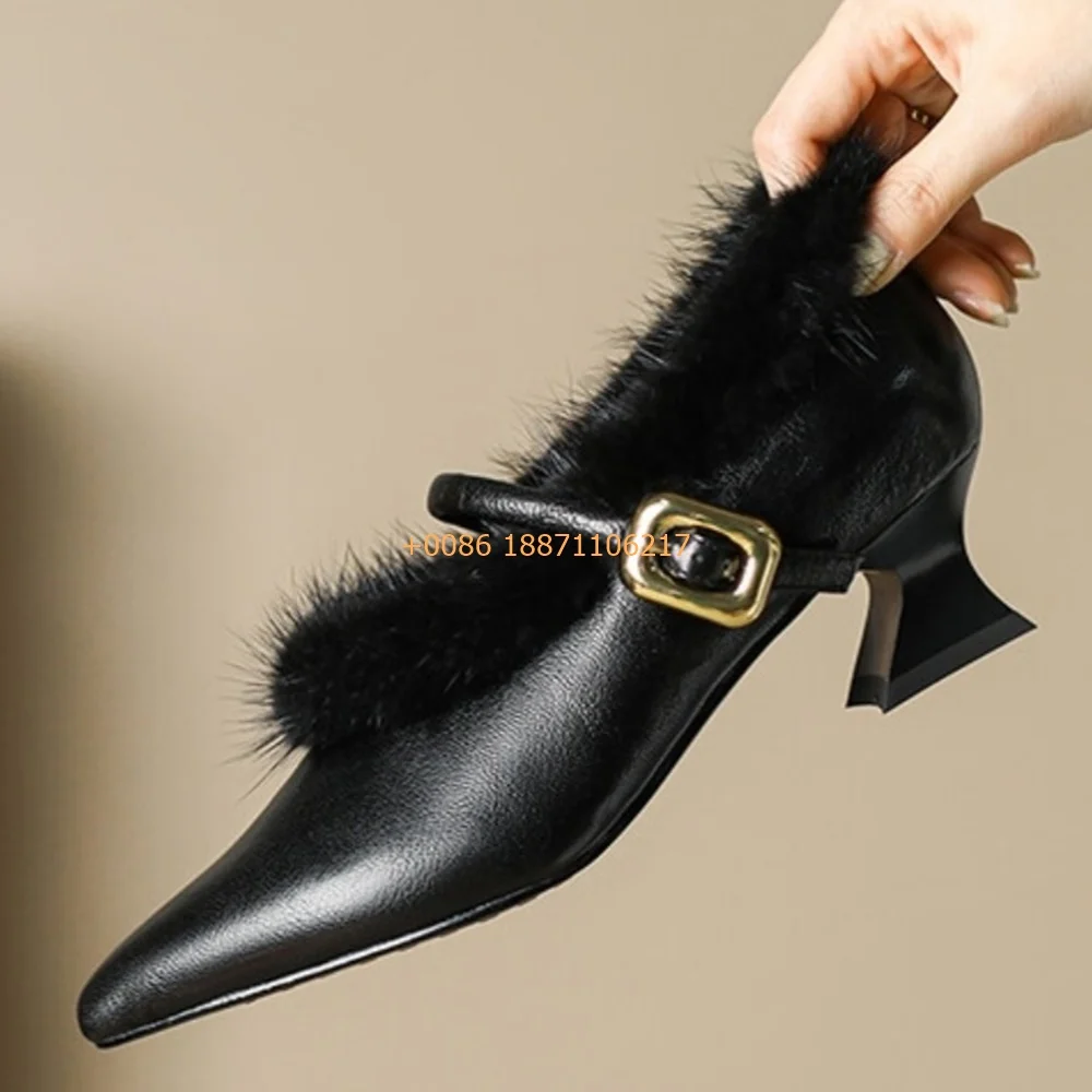 

Genuine Leather Sexy Ladies Furry High Heels 2025 Spring Pointed Elegant Banquet Weird Heel Black/brown Retro Buckle Casual Pump