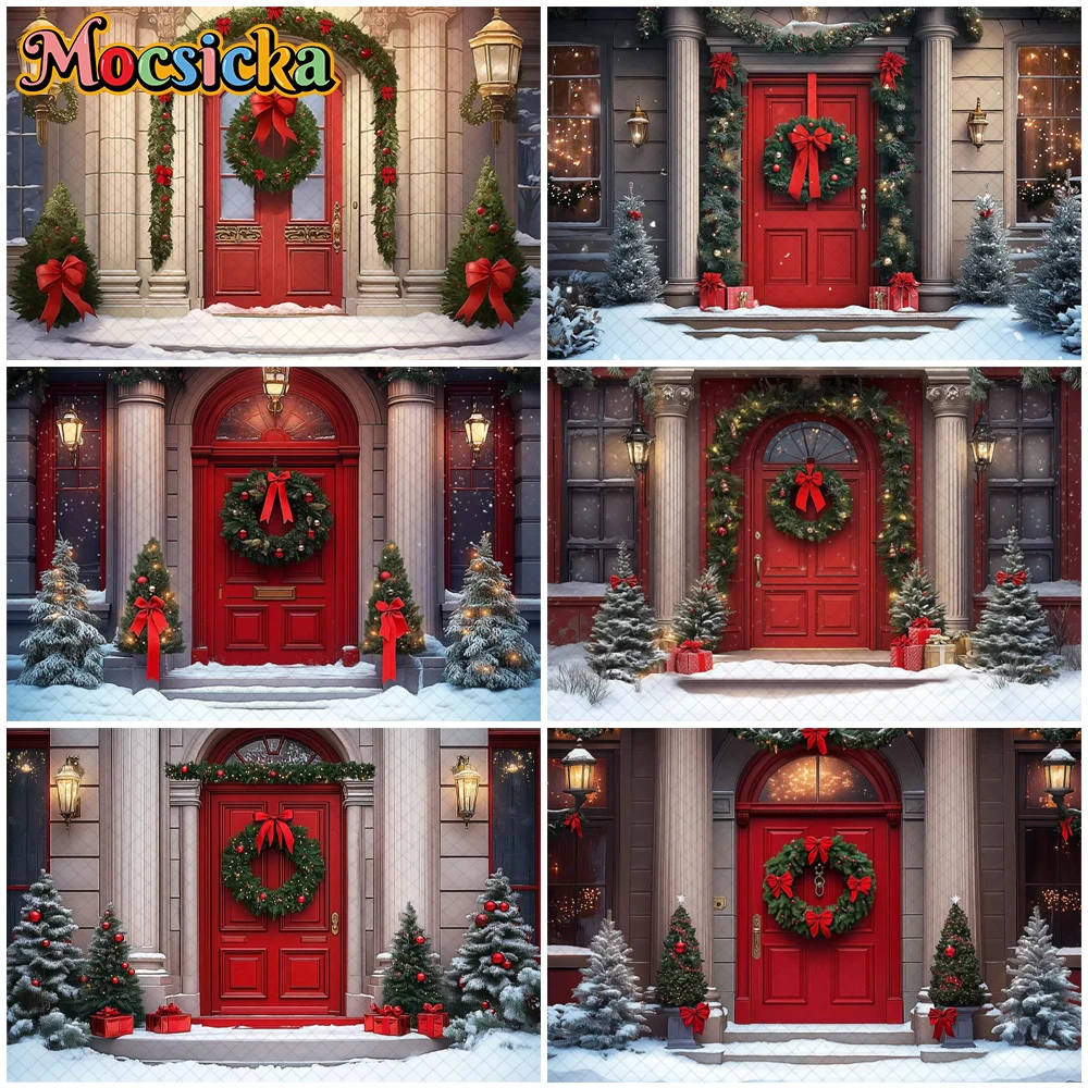 

Mocsicka Christmas Photography Background Snow House Red Door Xmas Tree Decor Kid Family Portrait Photo Backdrop Festival Banner
