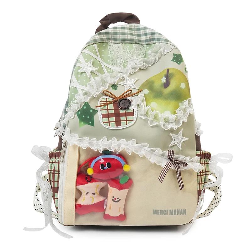 Harajuku Sweet Girls Backpack Lace Ruffle Decor Apple Fruit Print Transparent Pocket Kawaii Student School Backpack Daily Bag