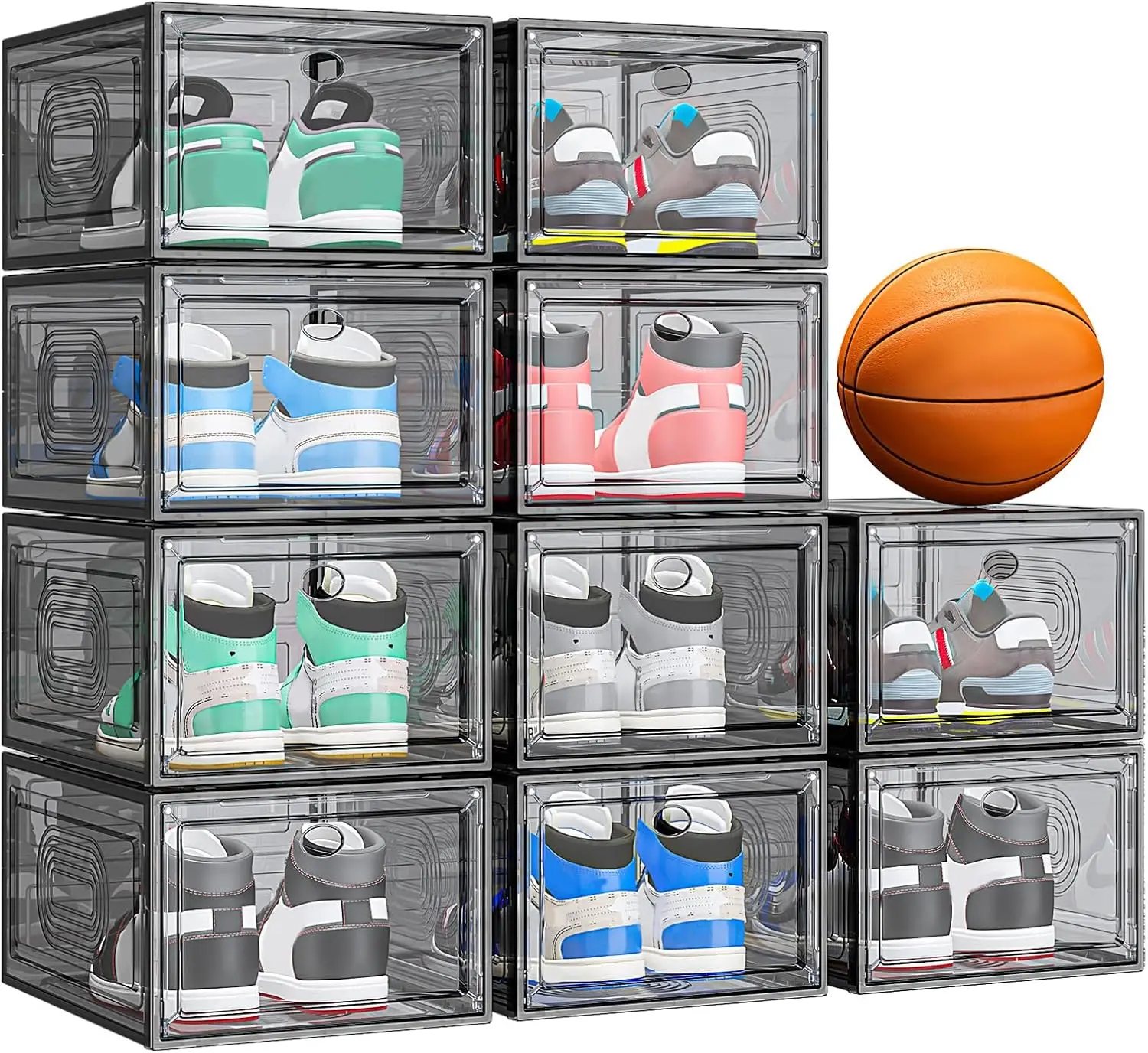 

10 Pack Stackable Shoe Box Organizer, Sturdy Clear Magnetic Door, Sneaker Display & Storage, Black