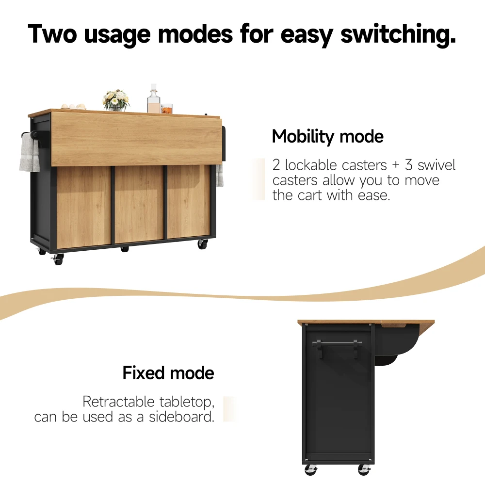 Kücheninsel، 54-Zoll-Sideboard، ausziehbarer Küchenwagen mit Handtuchhalter، Gewürzregal، dva Türen، four Schubladed، schwarz