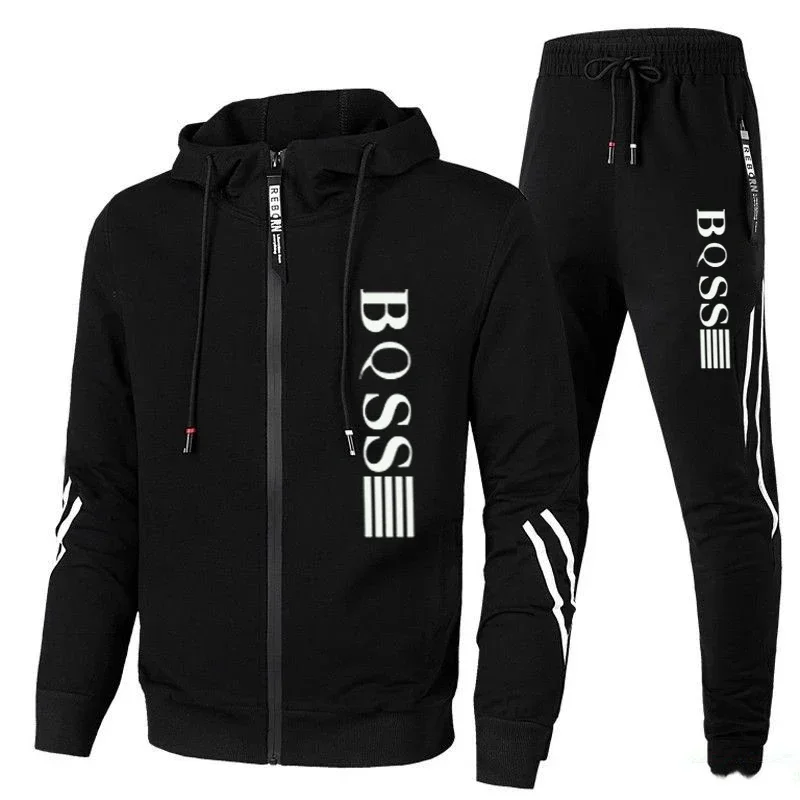 Men\'s sportswear zippered hoodie+sports pants two-piece set, autumn men\'s casual sports jacket, jogging set, top and pants