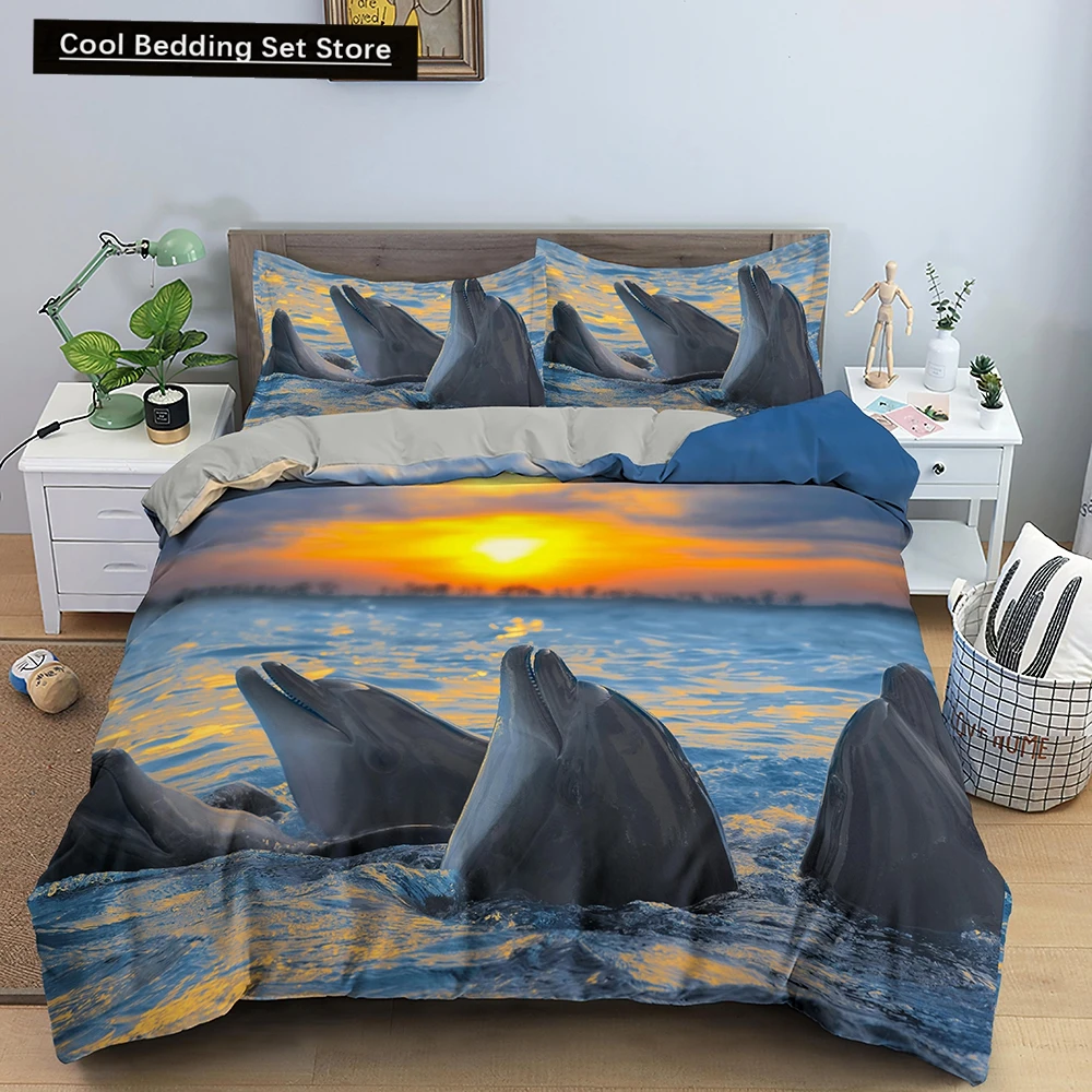 

Ocean Dolphin Duvet Cover King Queen Size Cute Dolphin Jumping In The Blue Sea Bedding Set Children 3D Animal Sunset Quilt Cover