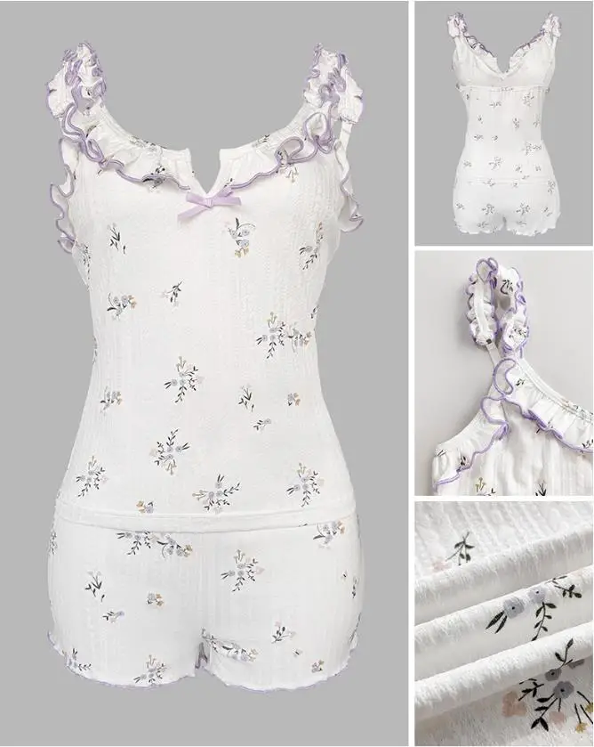 Bow decoration V-neck adjustable shoulder strap ruffle edge vest and elastic waist floral print ruffle edge pajamas set