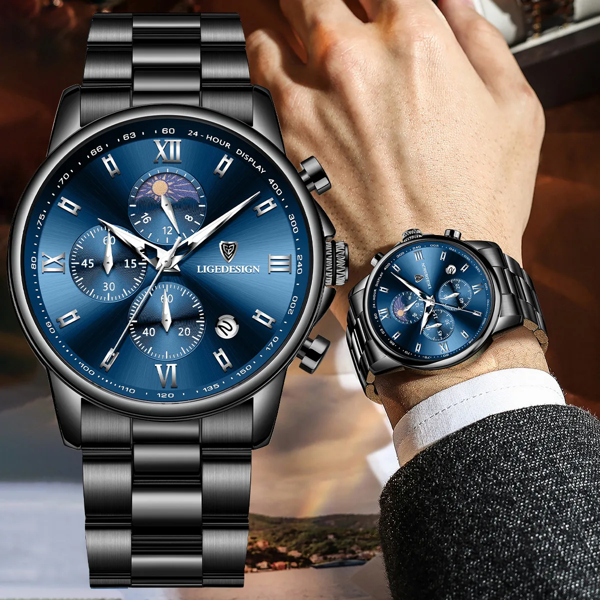 

LIGE Luxury Men's Quartz Watch Fashion Moon Phase Business Men Watches Waterproof Stainless Steel Man Watch Chronograph Clock