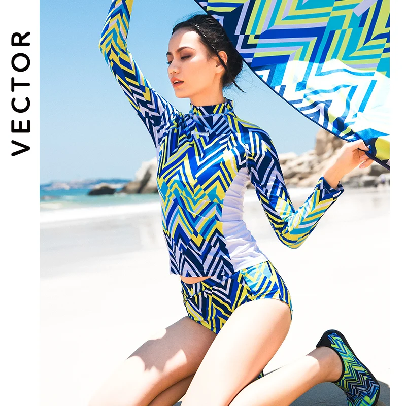 Long Sleeve Women Swimwear Bikini 2022 Printed Plaid Swimsuit Zipper Two Piece Surf Suit Patchwork Swimsuit Turtleneck Wetsuit