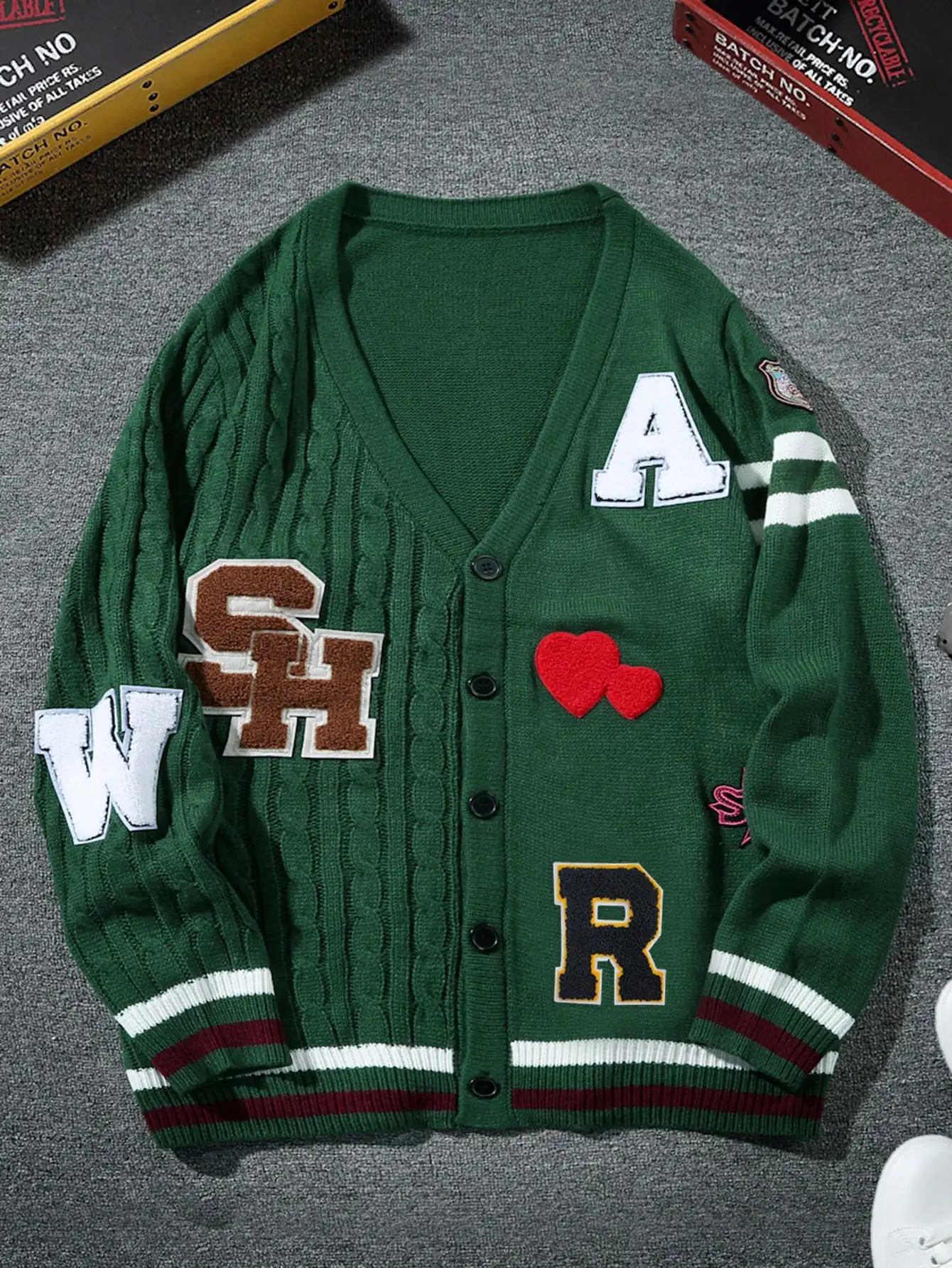 

Men's Dark Green V-Neck Cable Knit Cardigan with Letter Patches & Hearts