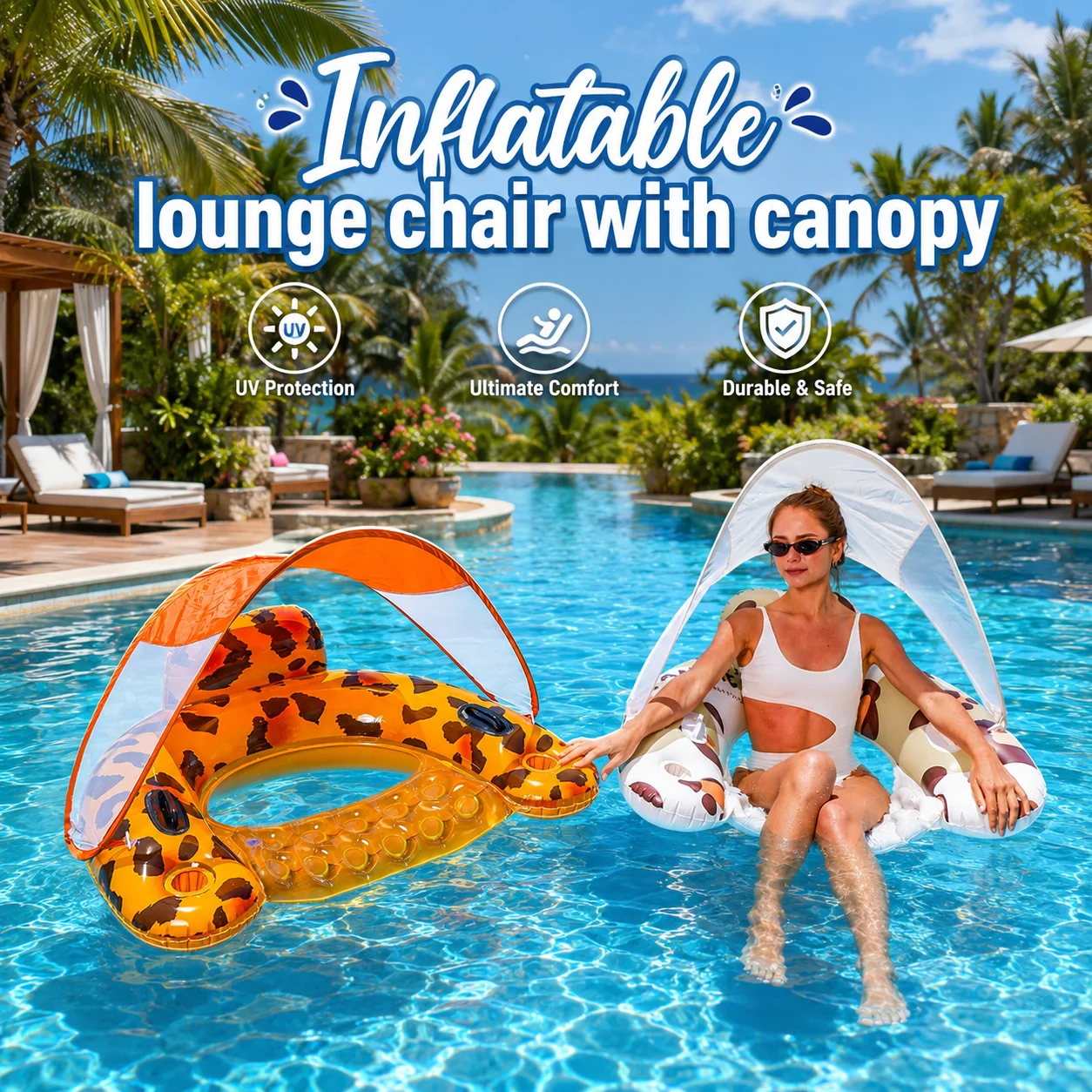 1pc Inflatable Pool Lounge Chair with Canopy Floating Water Hammock Float Sun Shade Lounger Bed for Swimming Pool Beach Summer