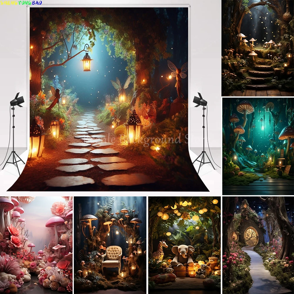 

Fairy Tale Forest Photography Backdrop Dreamy Wonderland Mushroom Jungle Baby Shower Birthday Decor Photo Background