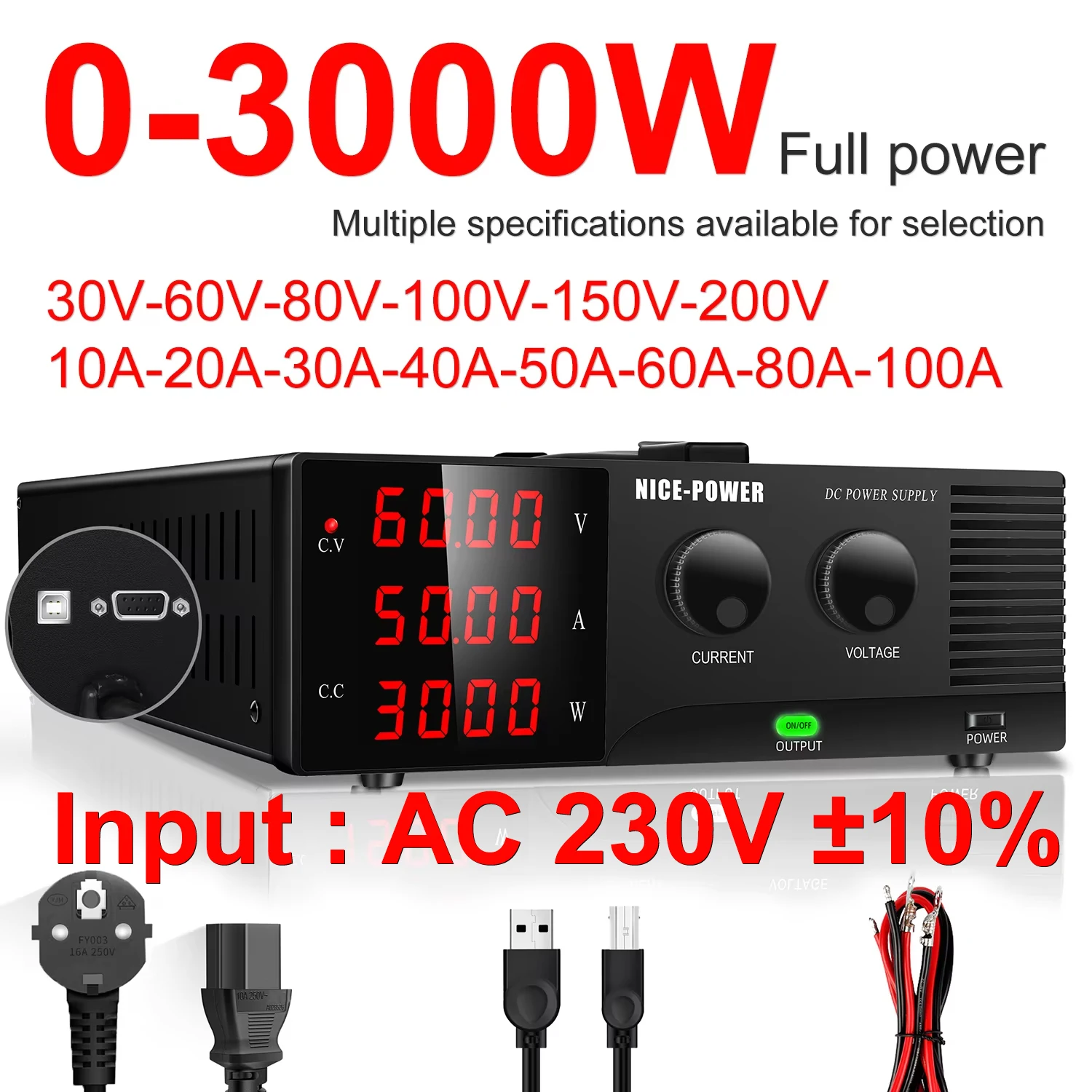 High-Power Lab Programmable Power Supply 30V 60V 50A 60A 100A For Battery Testing Industrial Automation Input Voltage AC 220V