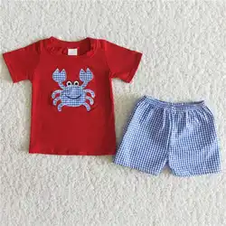 Baby Boy Summer Clothing Red Short Sleeve Crab Embroidery Shirt Blue Plaid Shorts Top Children Wholesale Boutique Kid Set Outfit