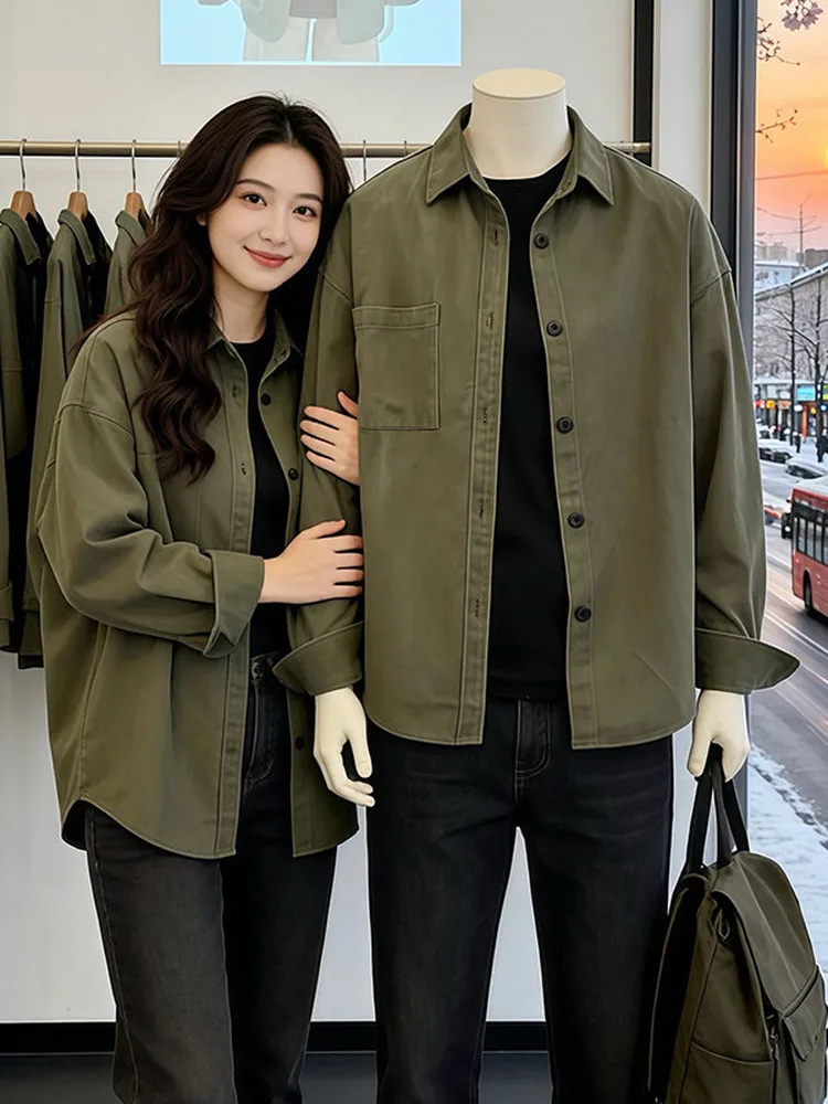 

Military een American Casual irt Men's Long Sve Loose Layering Spring Couple's Jaet Breathable Non-iron Treaent