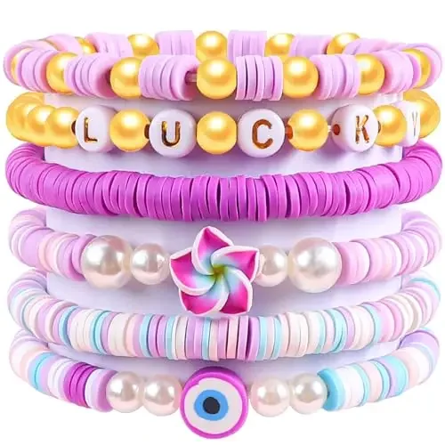 6PCS Clay Bead Bracelets for Teens Girls Preppy Cute Bracelets  Set Colorful Evil Eye Polymer Pearl Beaded Stretch Bracelets