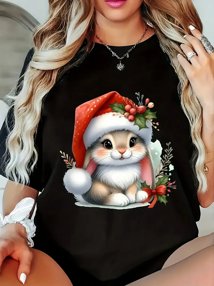 المرأة تي شيرت عادية طاقم الرقبة قصيرة الأكمام سانتا قبعة وشجرة عيد الميلاد عطلة أرنب كل موسم مريحة طاقم الرقبة تي شيرت #1