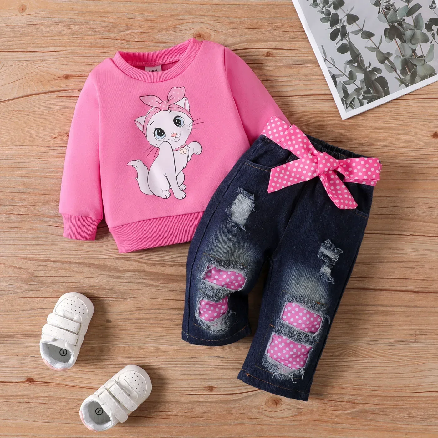 PatPat 3PCS Baby Girl Childlike Cat Pattern Distressed Patchwork Denim Jean sets Suitable for Summer Season