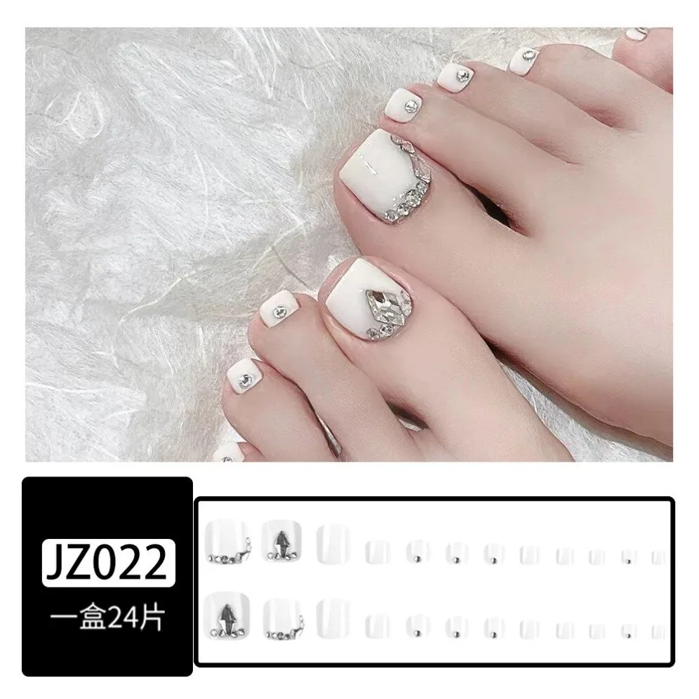 24 Stuks Diamant Studs Teen Nail Artistieke Teen Nail Afgewerkt Kunstmatige Acryl Witte Teennagel Verwijderbare Pers Op Teen Nagels