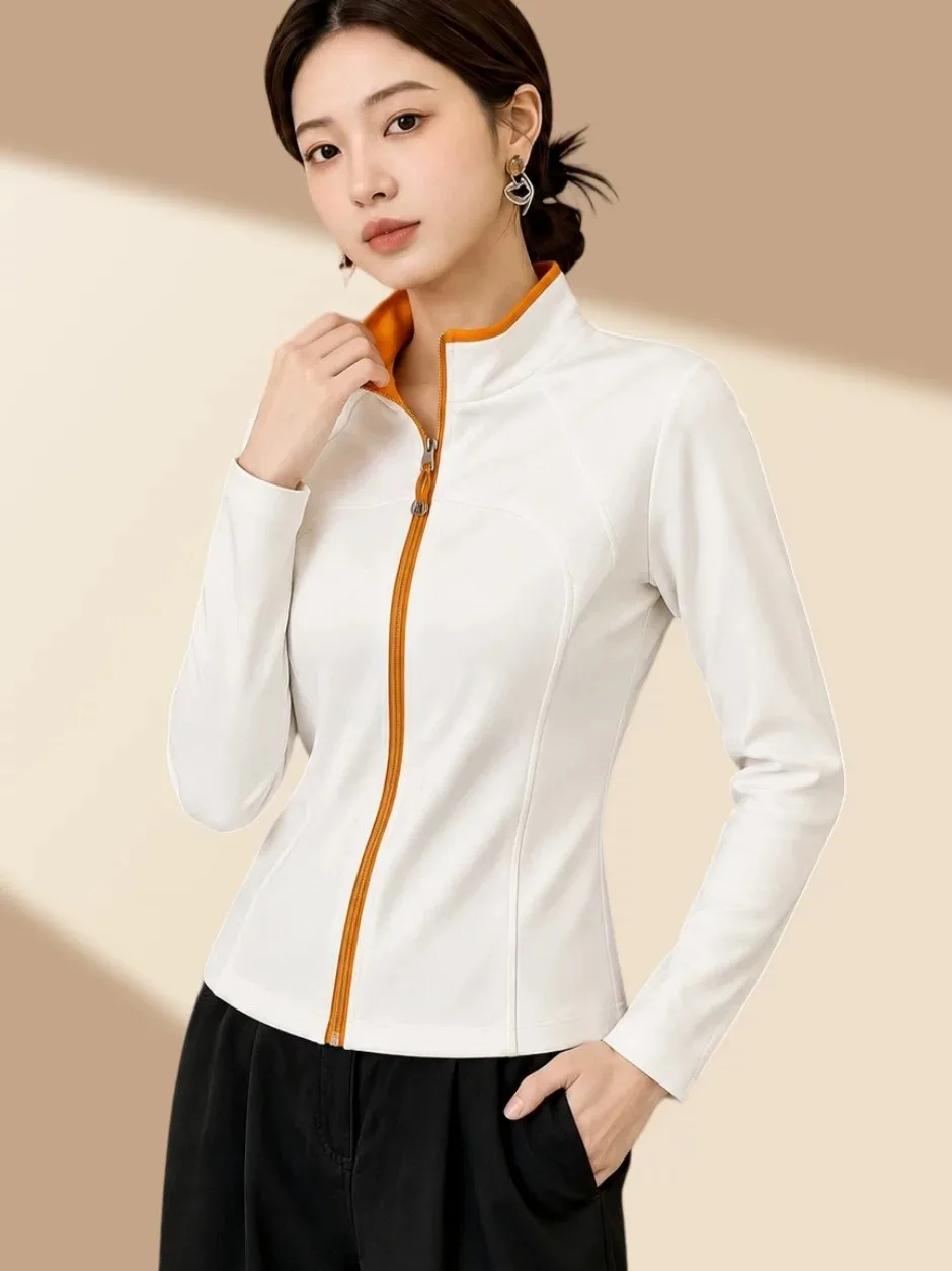 Slimming Effect White Stand Collar Long Sleeve Open Cardigan Sweatshirt Women's Outerwear Color Block Zipper Design Casual Top