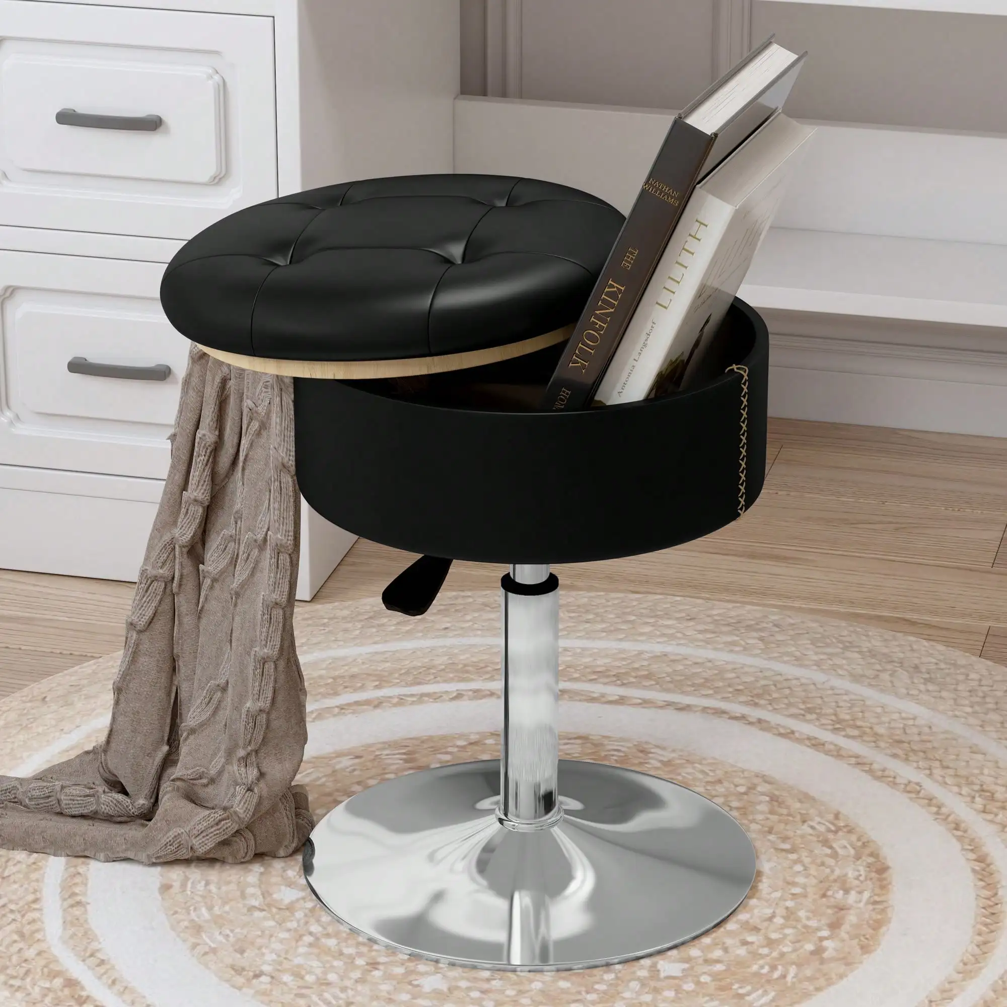 

Stool Vanity Chair With Storage, Makeup Chair For Vanity, Faux Leather & Velvet Vanity Stool Chair For Makeup Roo