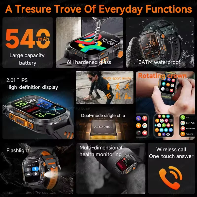 Outdoors NEW 6 Satellite Positioning System Military GPS Smart Watch Men Compass IP69K Waterproof Flashlight HD Call SportsWatch