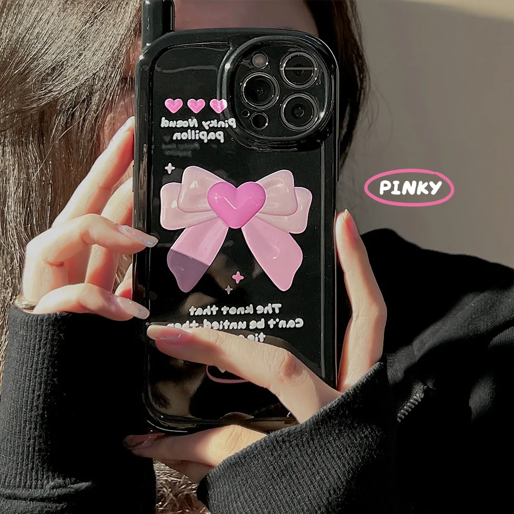 Korea Retro Black Bow Pink Love 3D Phone Case For iPhone 14 13 12 11 Pro Max 14 Plus Cute Love Heart Cartoon Silicone Soft Cover