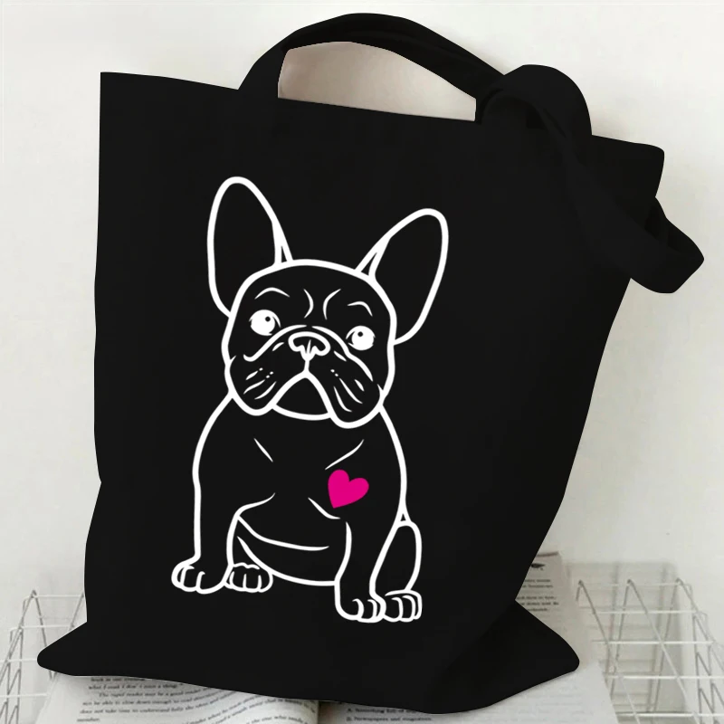 French Bulldog Heart Print Women's Handbags Animals Lover Design Canvas Shopping Bag Women French Bulldog Reusable Shoulder Bag