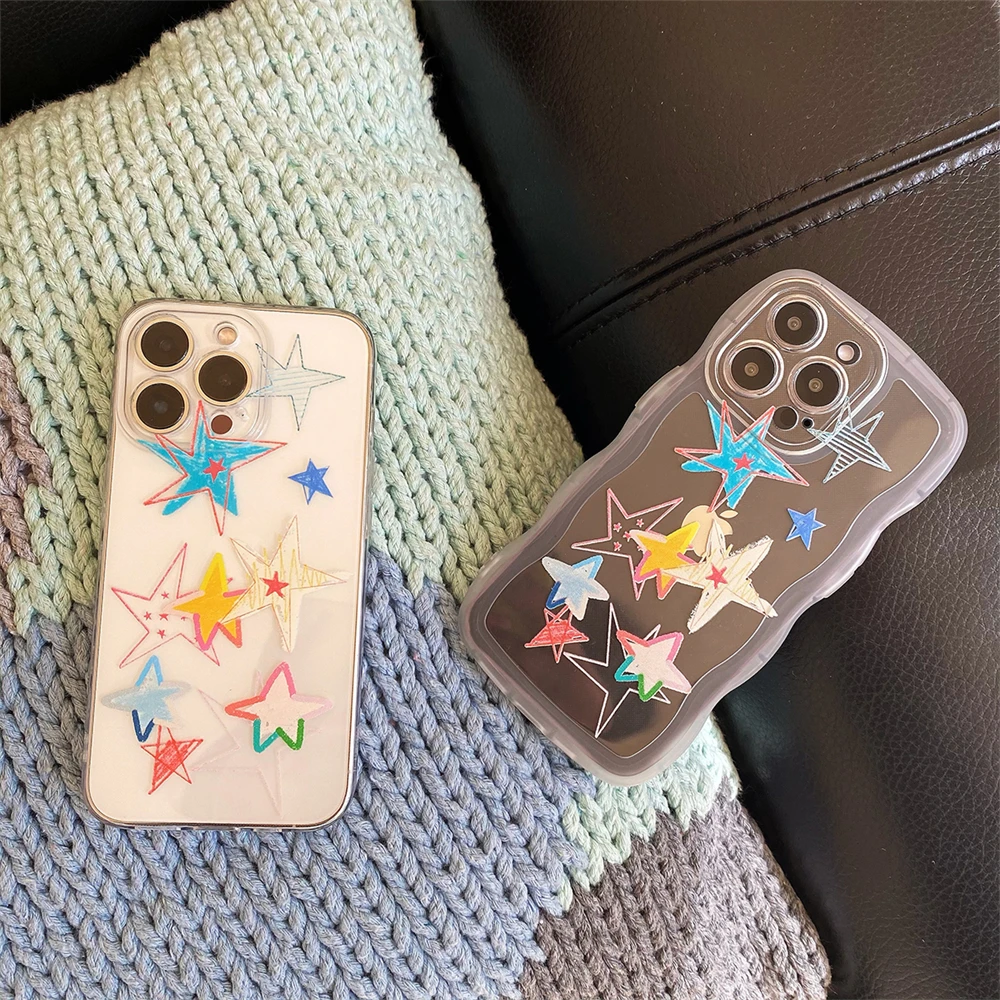 Korean Graffiti Star Lovely Phone Case For iPhone 16e 16 15 14 13 12 11 Mini Pro Max X XR XSMax Plus Transparent Soft Back Cover