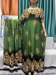 Abayas For Women 2024 Summer New Floral Cotton Printed Loose Femme Robe Muslim African Islam Dresses With 160x80cm Lace Scarf