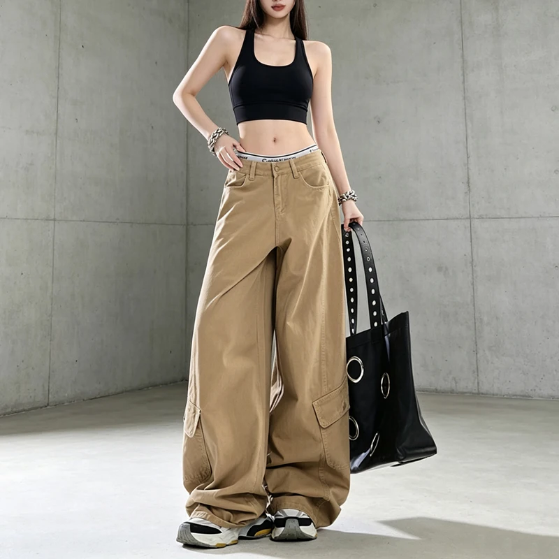 Women Vintage High Waist Cargo Wide Leg Floor Pants, Loose Multi Pocket Denim Trousers, Army Green & Khaki for Summer