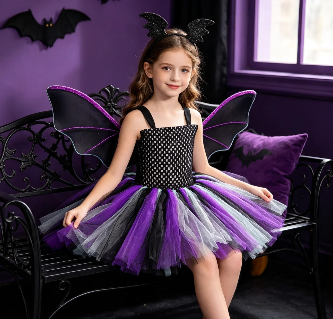 New Halloween Children's Witch Role Play Cute Baby Tulle Ballet Skirt Horror Bat Theme Suit Carnival Party Wings Accessory 3Pcs