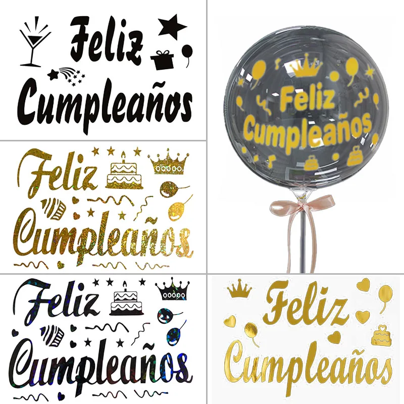 36inch Spanish Feliz Cumpleaños Balloons Stickers Happy Birthday Party Decorations Gift Box Window Gold Black Shiny Stickers