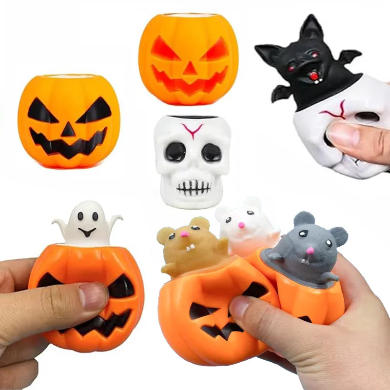 Halloween Squishy Toys Pumpkin Skeleton Shape Stress Relief Sensory Toys Pumpkin Squeeze Toys Black White Ghost in Cups Fidgets