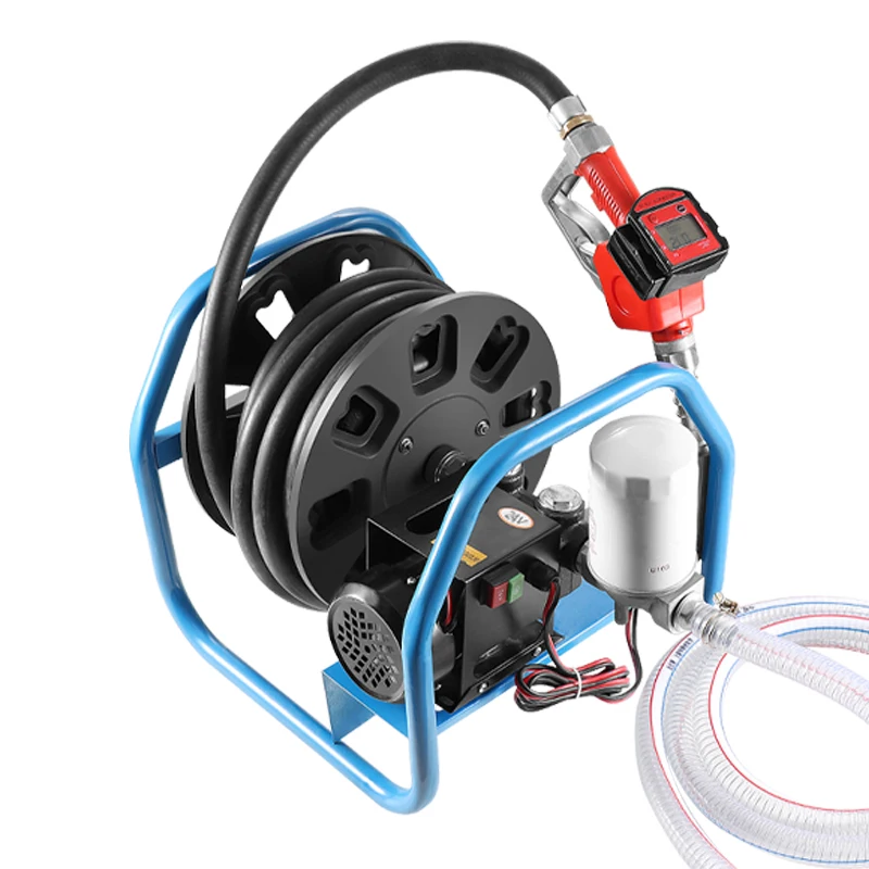 12V24V High Pressure 550W Portable Electric Fuel Pump with Hose Reel and Metering Refueling Gun (1-Year Warranty)