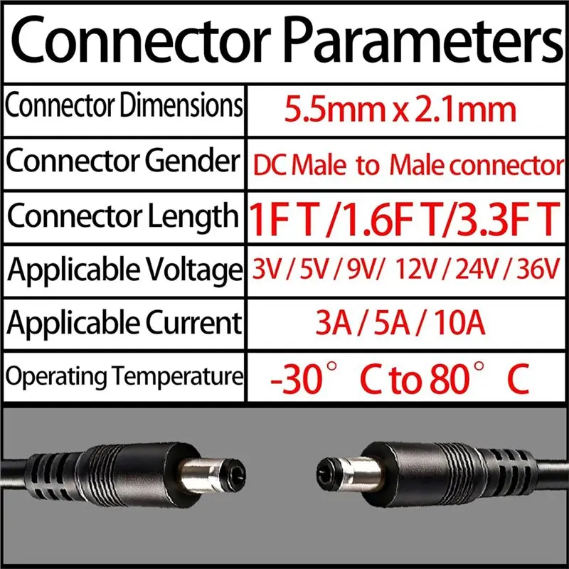 B29C-10Pcs 5.5Mmx2.1Mm DC Connector, 18 AWG 1.6Ft Male To Male 12V/24V DC Cable For Security Cameras