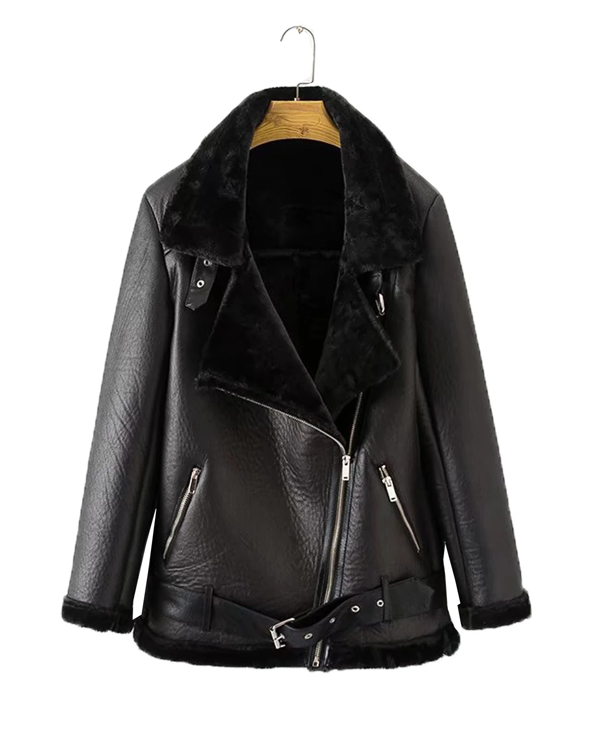 Fitaylor Winter Women Faux Fur Leather Jacket Casual Lady Thick Warm Leather Jacket Lapel Zipper Coat with Belt