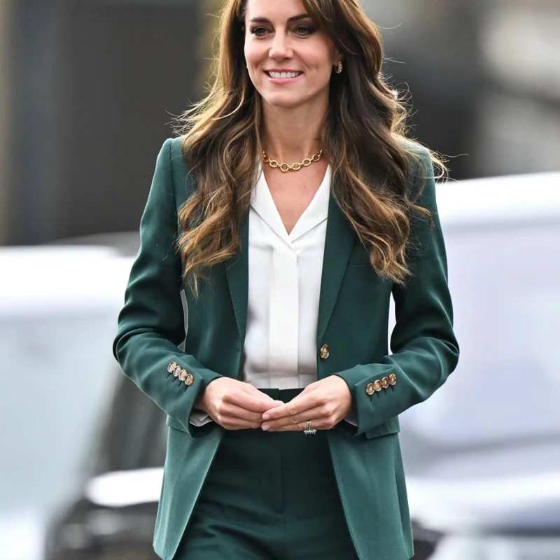 2024 Fashion Slim Long Sleeve Slim Blazer Princess Kate Middleton Solid Green Trousers Set