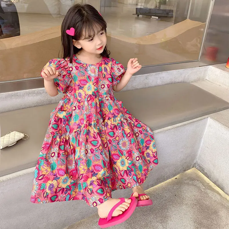 2024 Elegant Fashion Harajuku Slim Fit Children Clothes Loose Casual All Match Princess Dress O Neck Cotton Short Sleeve Dresses