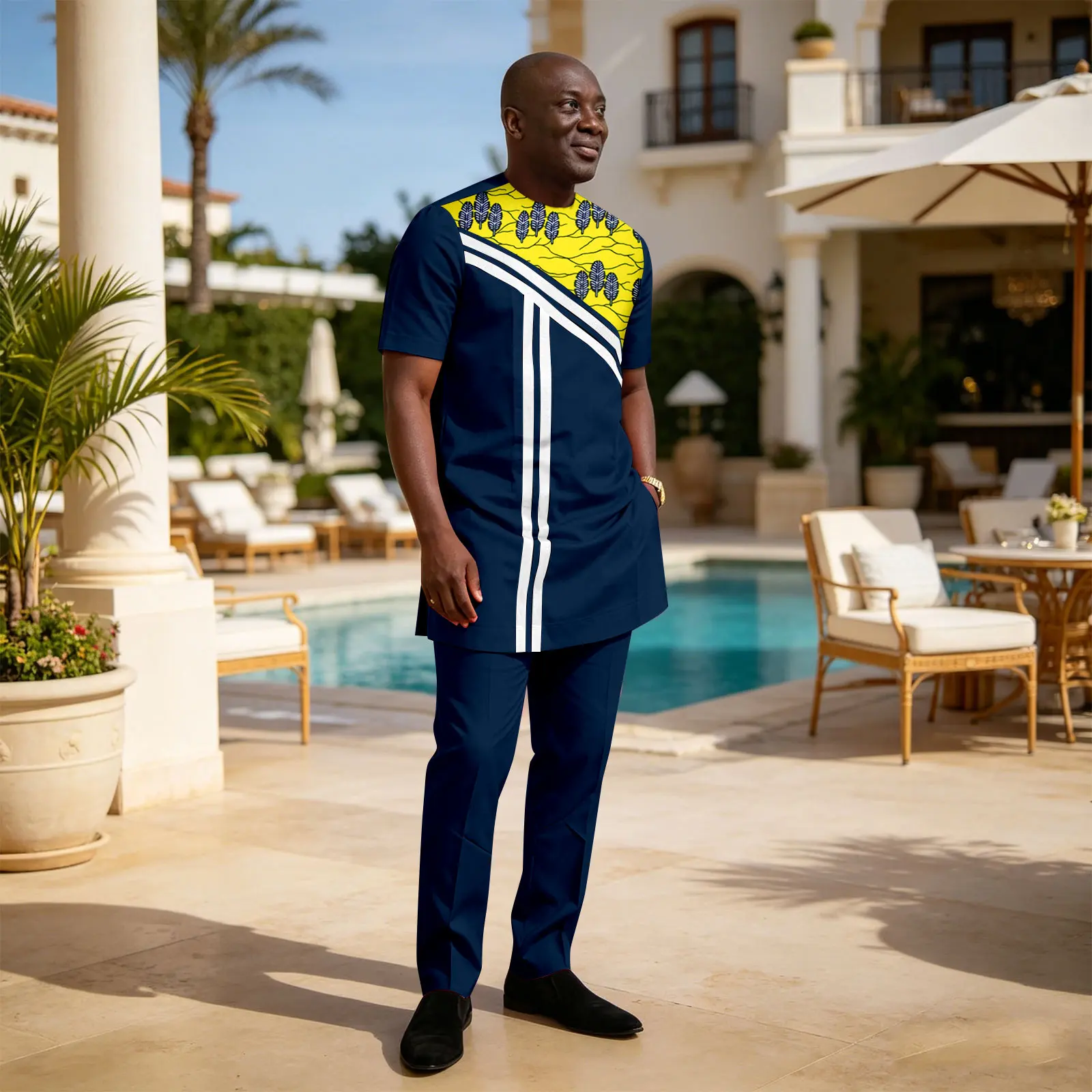 African Set for Men Ankara Printed Fabric O-Neck Short Sleeve Patch Designs Shirt and Floor-Length pants Elegant Fashion 2616091