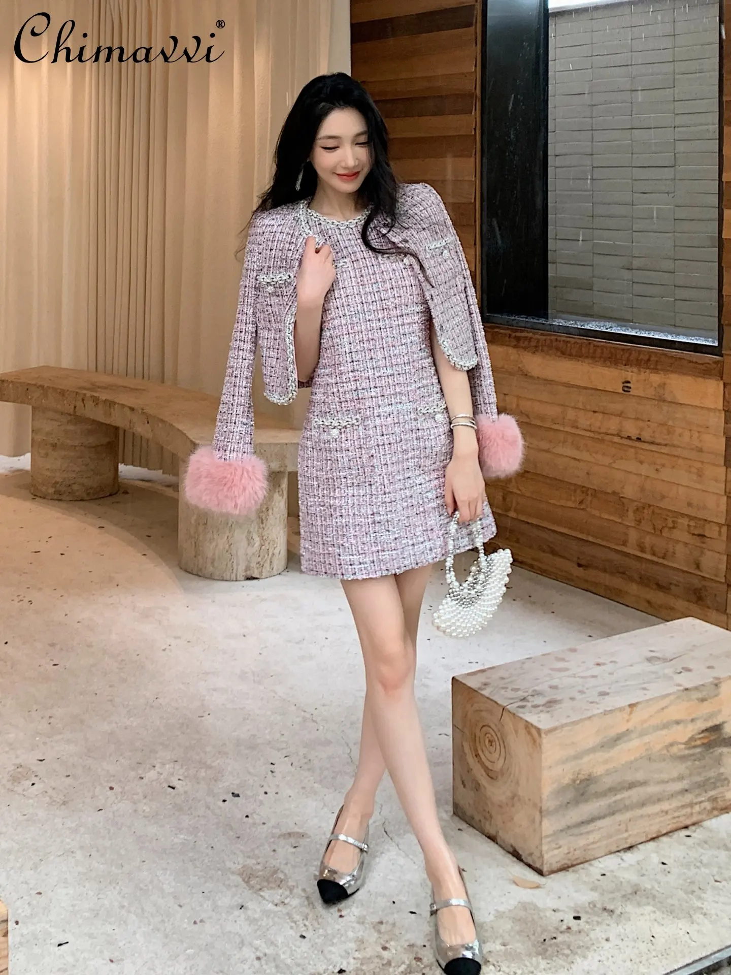 

French Style High-End Pink Tweed Long Sleeve Jacket Fashion Round Neck Sleeveless Slim Elegant Dress Autumn Women's 2Piece Set