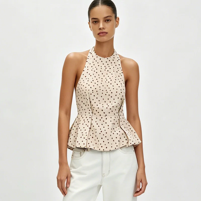 

LIMO Polka Dot Halter Neck Top Women Sleeveless Backless Peplum Blouse Casual Summer Tie Back Slim Fit Ruffle Hem Shirt